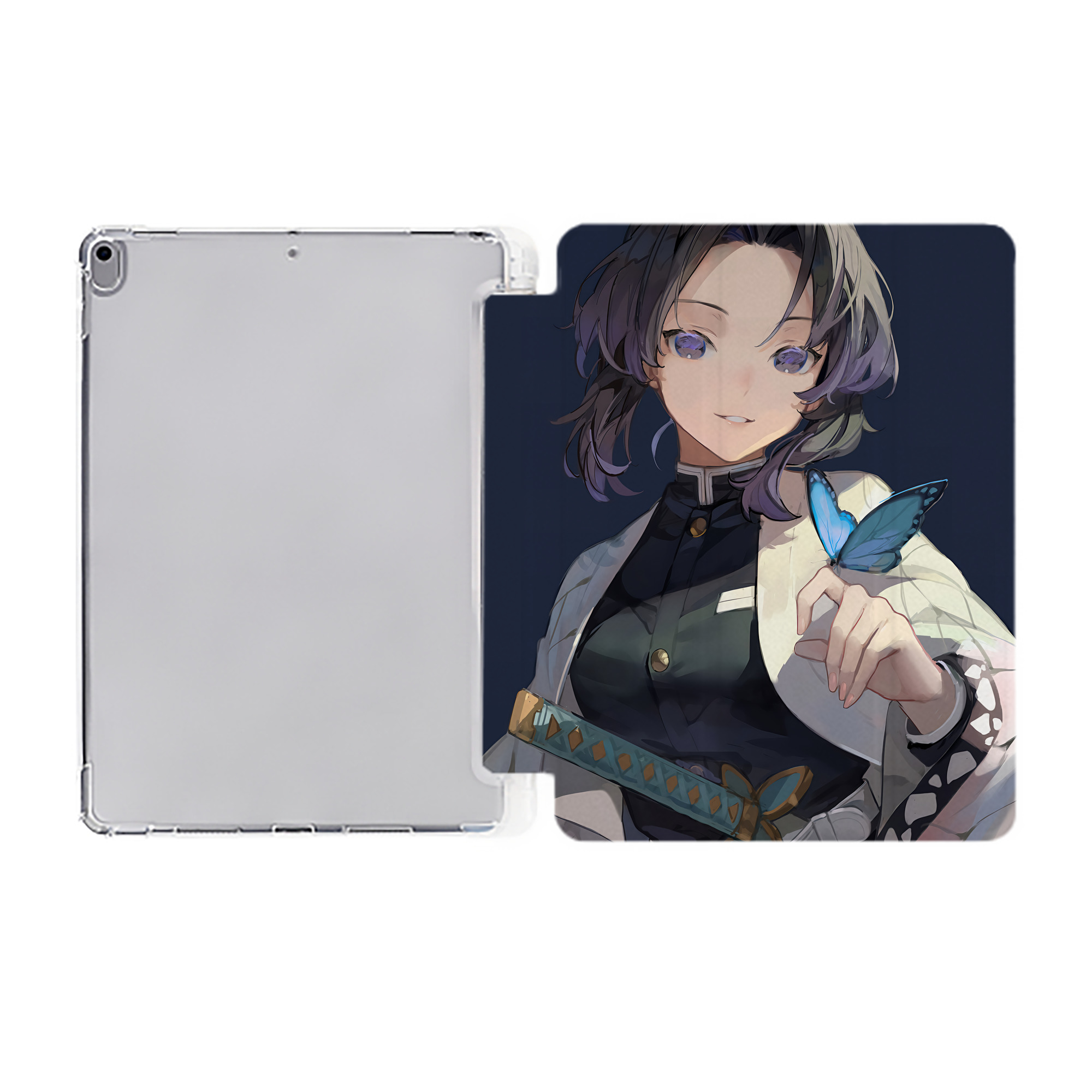 （画像用） 鬼滅の刃（きめつのやいば）蟲柱-胡蝶 しのぶ／こちょう しのぶ Kochou Shinobu IPad ケース ペン収納付き 三つ折りスタンド PUレザー×シリコン 対応機種9.5/10.5/10.9インチ